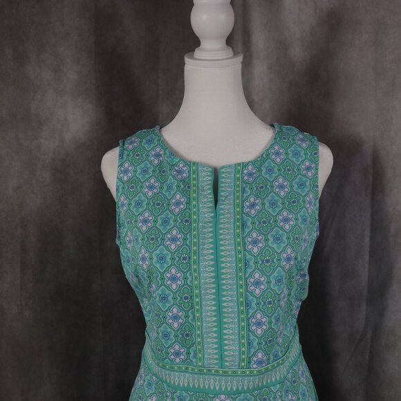Talbots Shift Dress Womens Small Green Blue Floral Geometric Split Neck Preppy - Picture 3 of 9